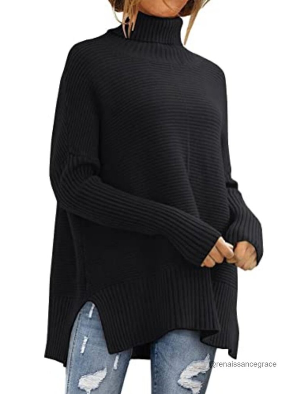 Oversized Turtleneck Sweater High Low Hem Side Slits Tunic Pullover